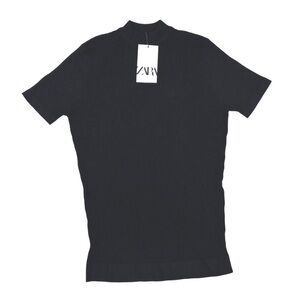 Zara Black Ribbed Short-Sleeve Mock Neck Tee